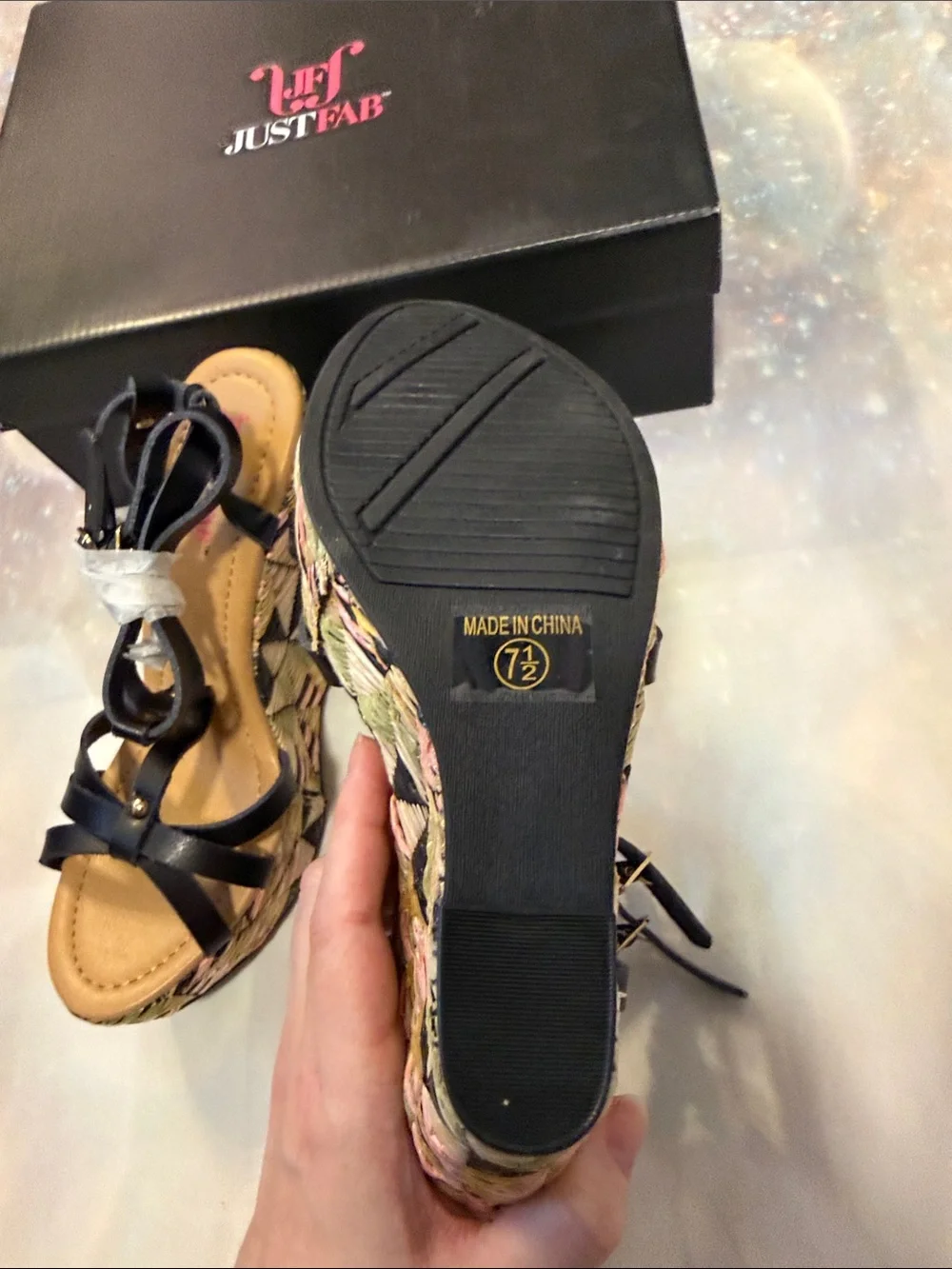 JustFab Black Strappy Wedges with Multicolor Patterned Platform 7.5